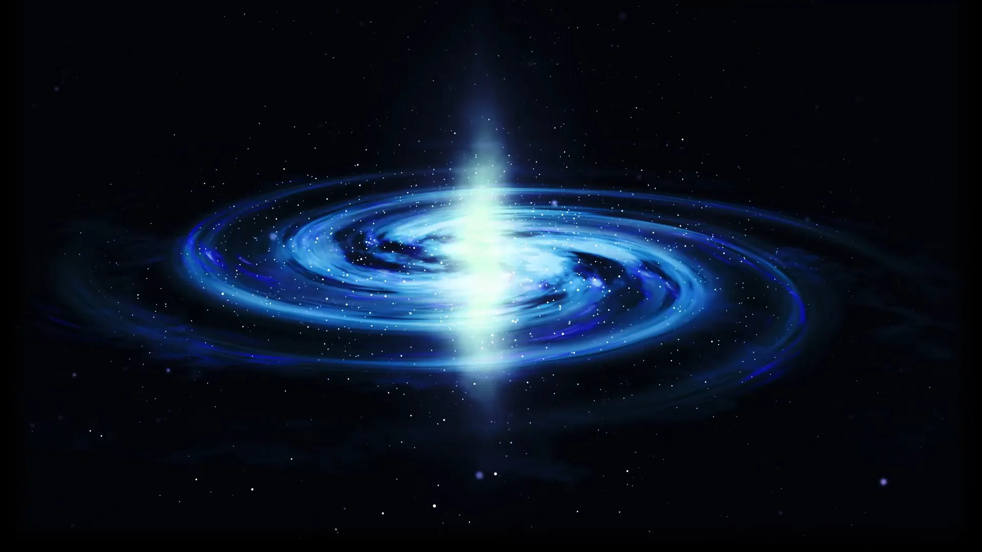 A spiral galaxy swirls around a bright vertical shaft of light at its core, its blue arms trailing off into black space on both sides.