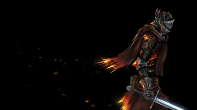 A cloaked knight stands in near-total darkness, embers drifting past as flame licks along his gauntlet and the blade held low at his side.