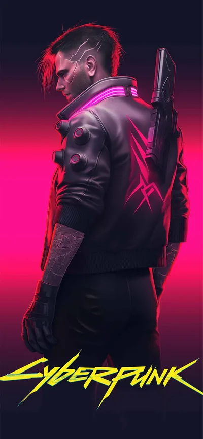 Silver-haired V turns his back to show the samurai emblem traced in pink neon, the magenta ground fading to black at the bottom for icons.