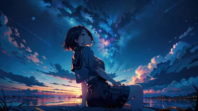 A short-haired girl sits at the water's edge at dusk, a galaxy-streaked sky towering over the thin sunset line and distant harbour lights.
