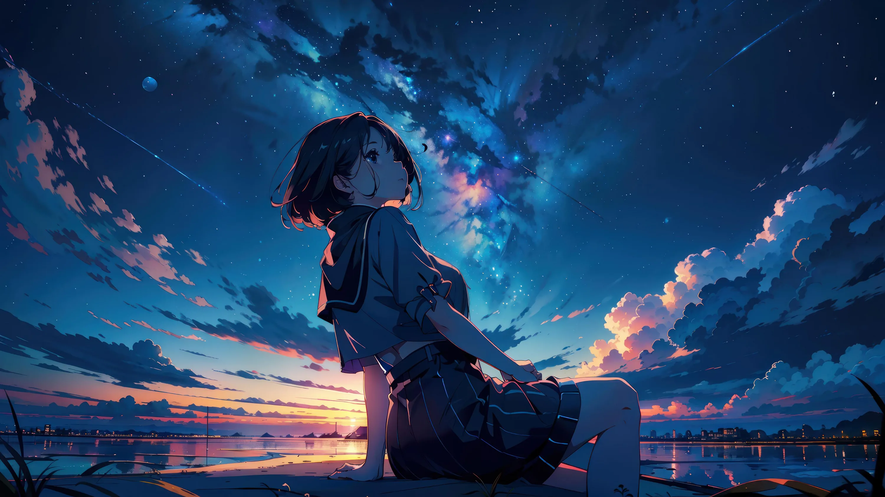She sits at the water's edge with her back to us, the sky above stacked with dark clouds, scattered stars and the last orange of sunset.