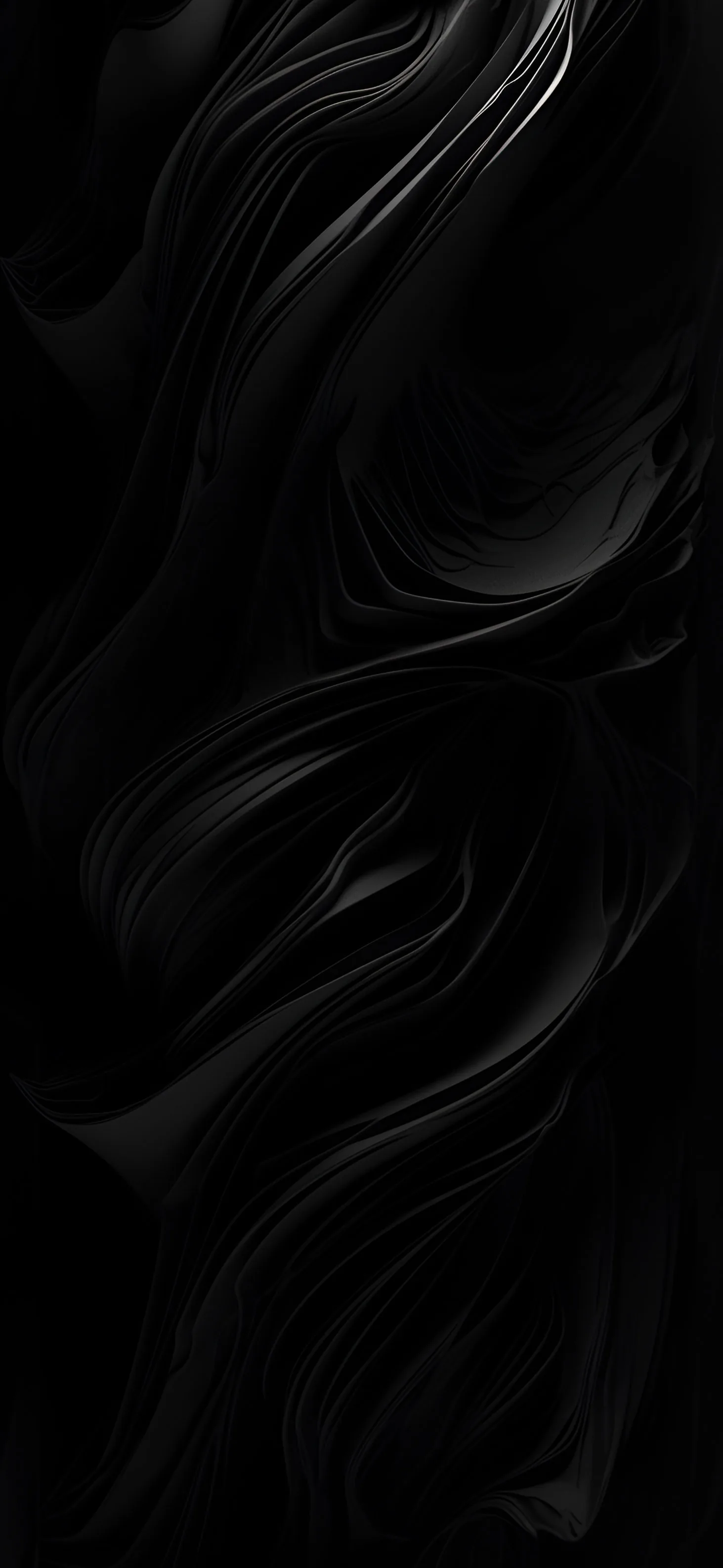 Folds of dark satin curl and twist down the tall frame, only the raised edges catching enough light to separate from the background.