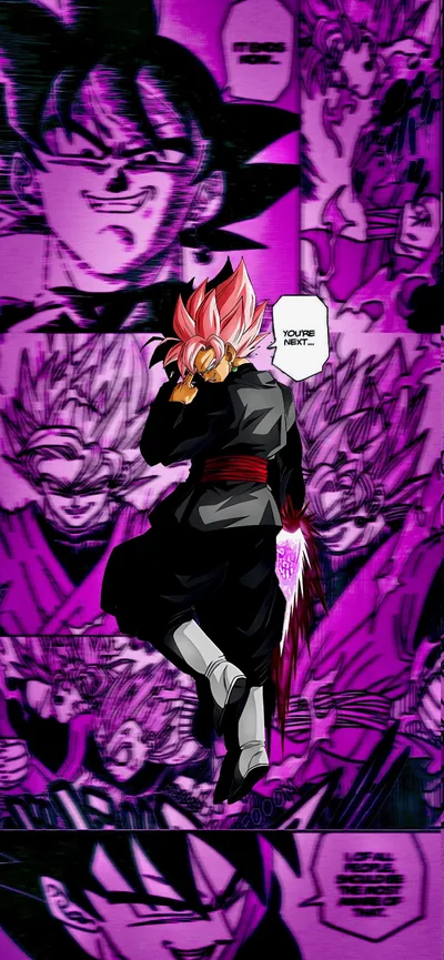 Pink-tinted manga panels wall the whole tall frame while a coloured Rosé Goku Black walks down the middle, carrying the eye from top to bottom.