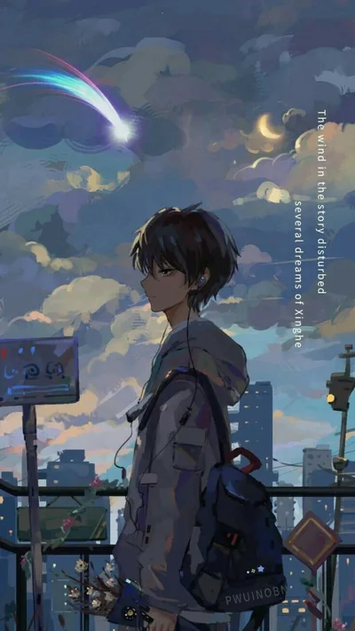 An anime boy with a backpack stands on a bridge in a grey coat, a blue comet cutting across the cloudy sky above the city.