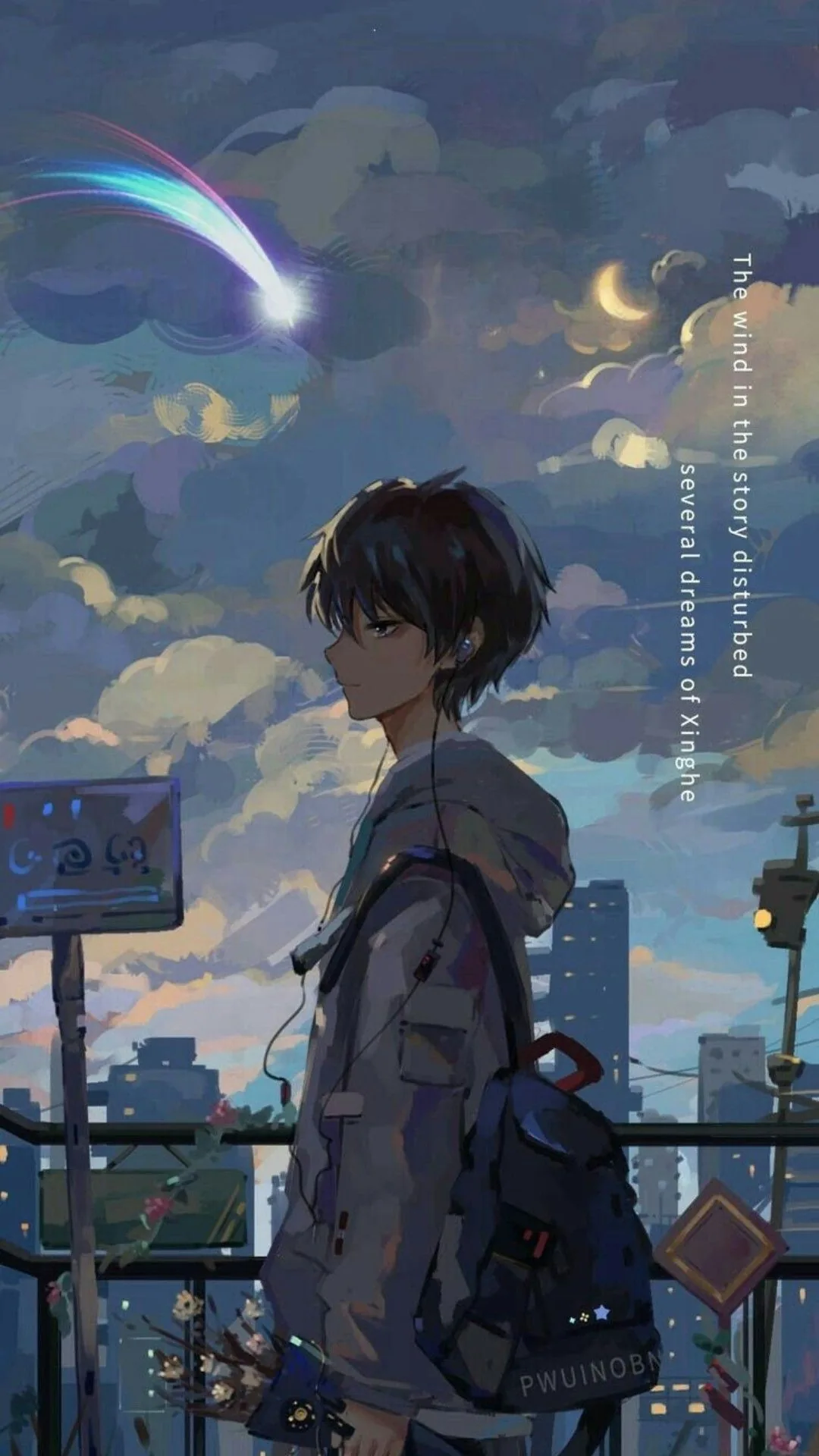 An anime boy with a backpack stands on a bridge in a grey coat, a blue comet cutting across the cloudy sky above the city.