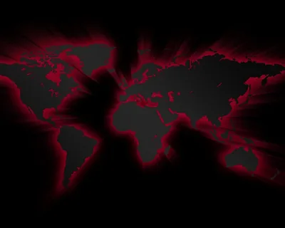 Continents cut from black float on a red burst of light, rays streaking out to the frame edges; oceans stay dark enough for white icon labels.