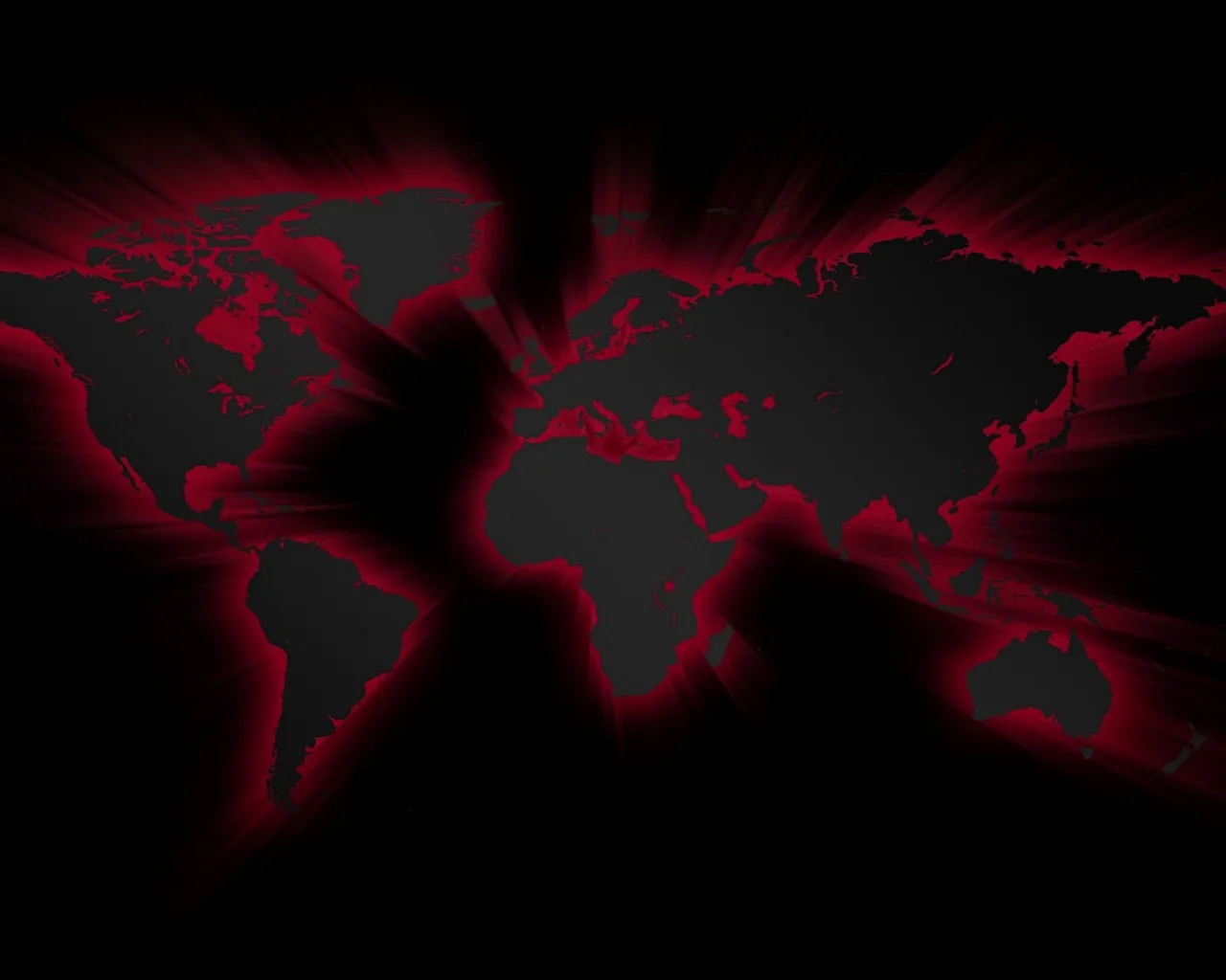 Continents cut from black float on a red burst of light, rays streaking out to the frame edges; oceans stay dark enough for white icon labels.