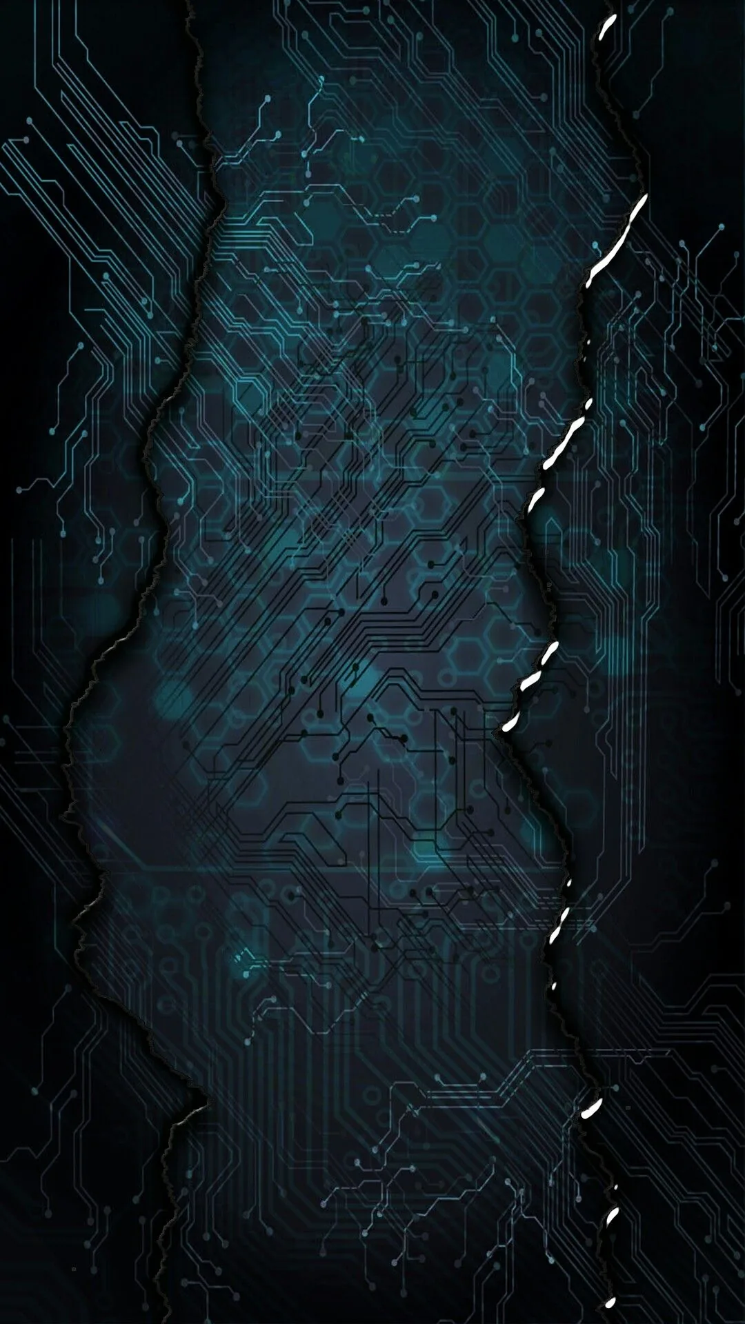 Fine traces and chip outlines glow teal behind a torn vertical break, small flecks of light scattered down the right side.