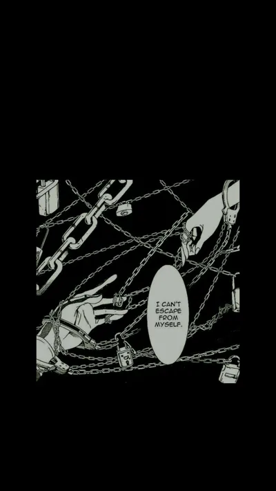 Cut-out comic art of hands tangled in chains, a speech bubble reading I can't escape from myself sitting on a heavy black field.