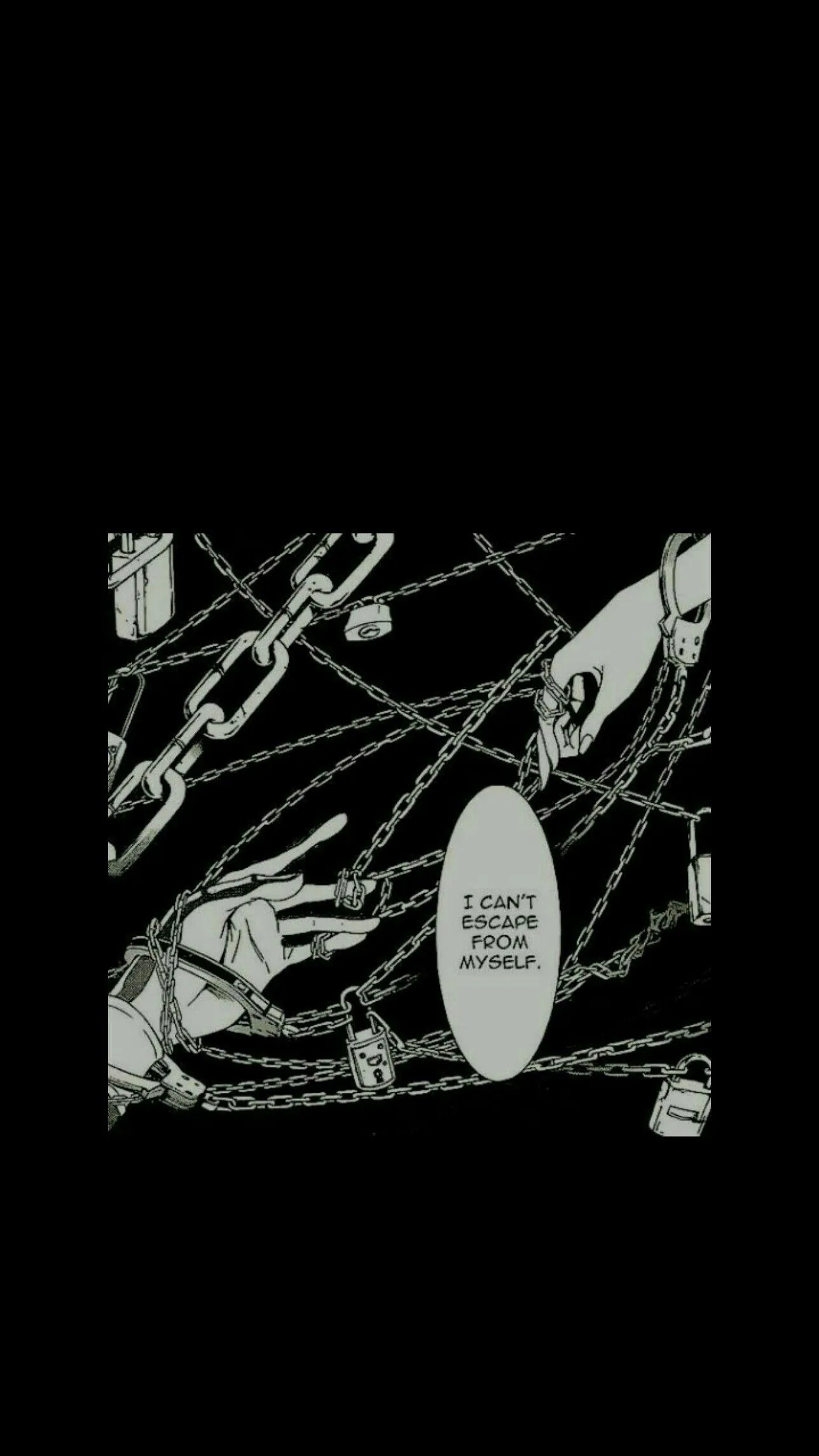 Cut-out comic art of hands tangled in chains, a speech bubble reading I can't escape from myself sitting on a heavy black field.