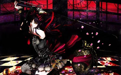 A girl in a black corset and trailing red skirt kneels on a chequered floor, blade raised while petals drift across the frame.