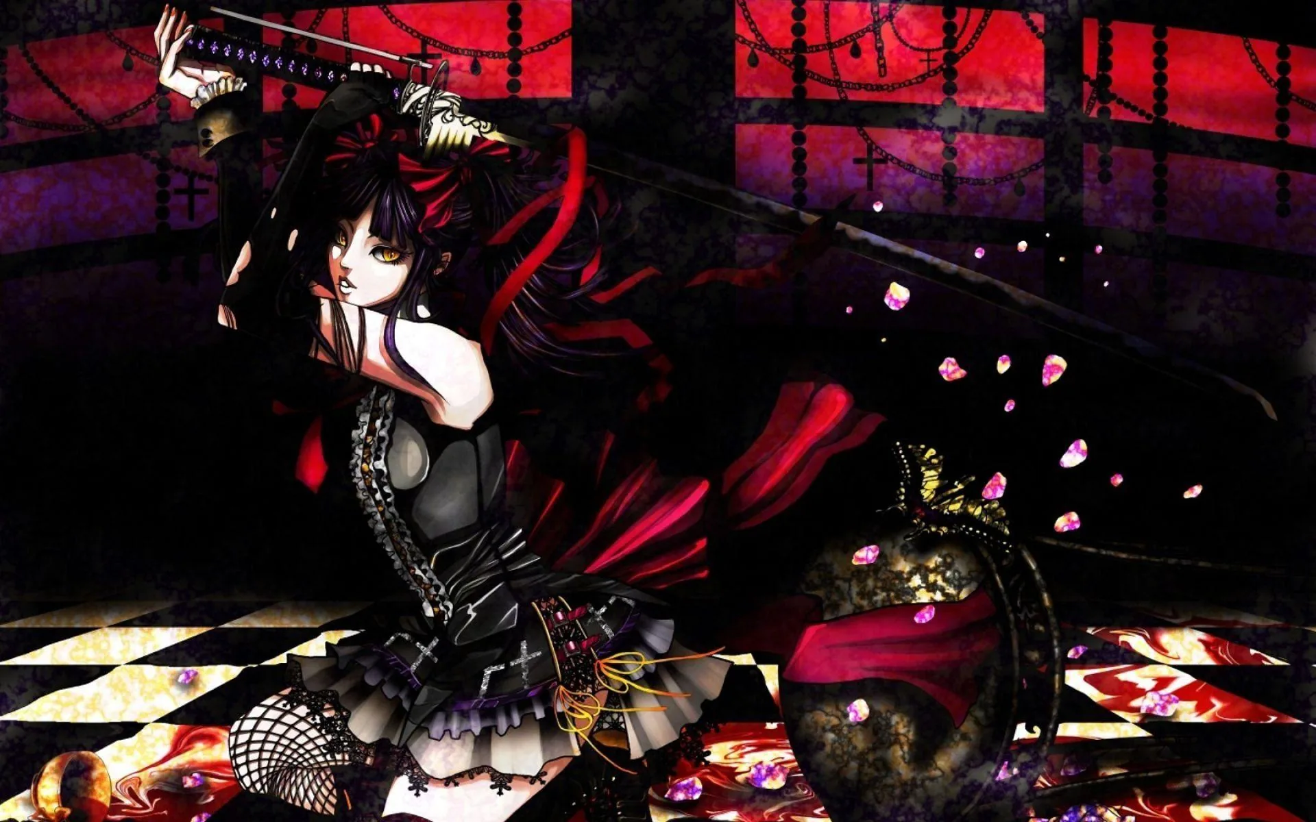 A girl in a black corset and trailing red skirt kneels on a chequered floor, blade raised while petals drift across the frame.