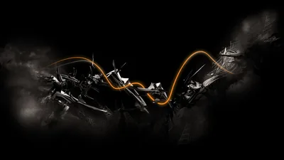A single orange stripe winds through a burst of dark broken fragments spread across the middle of the frame.