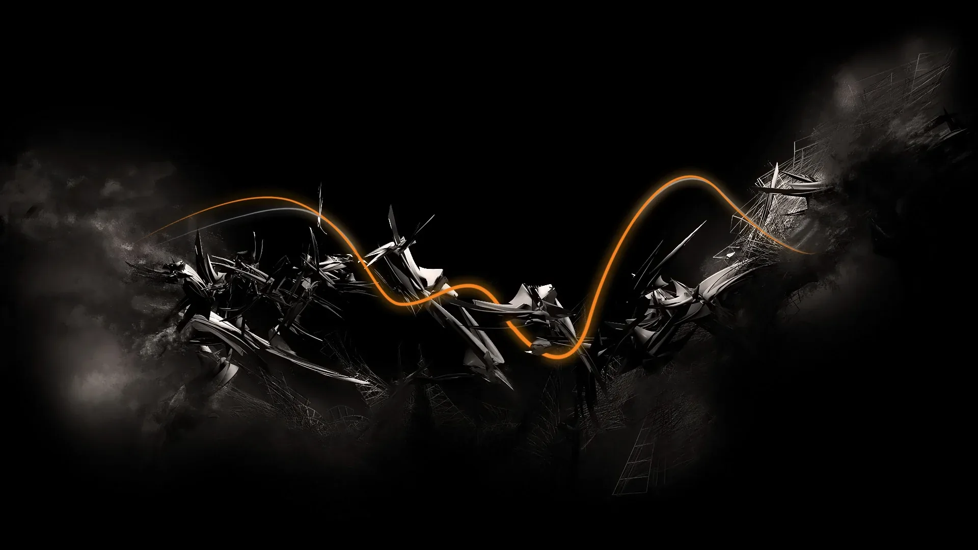 A single orange stripe winds through a burst of dark broken fragments spread across the middle of the frame.