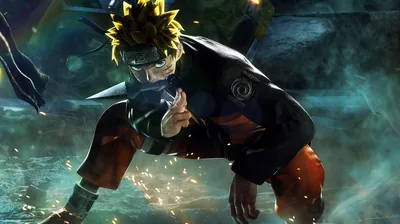 A realistic CGI Naruto crouches low with one hand to the ground, sparks skimming past his headband in a dark game-render battle scene.