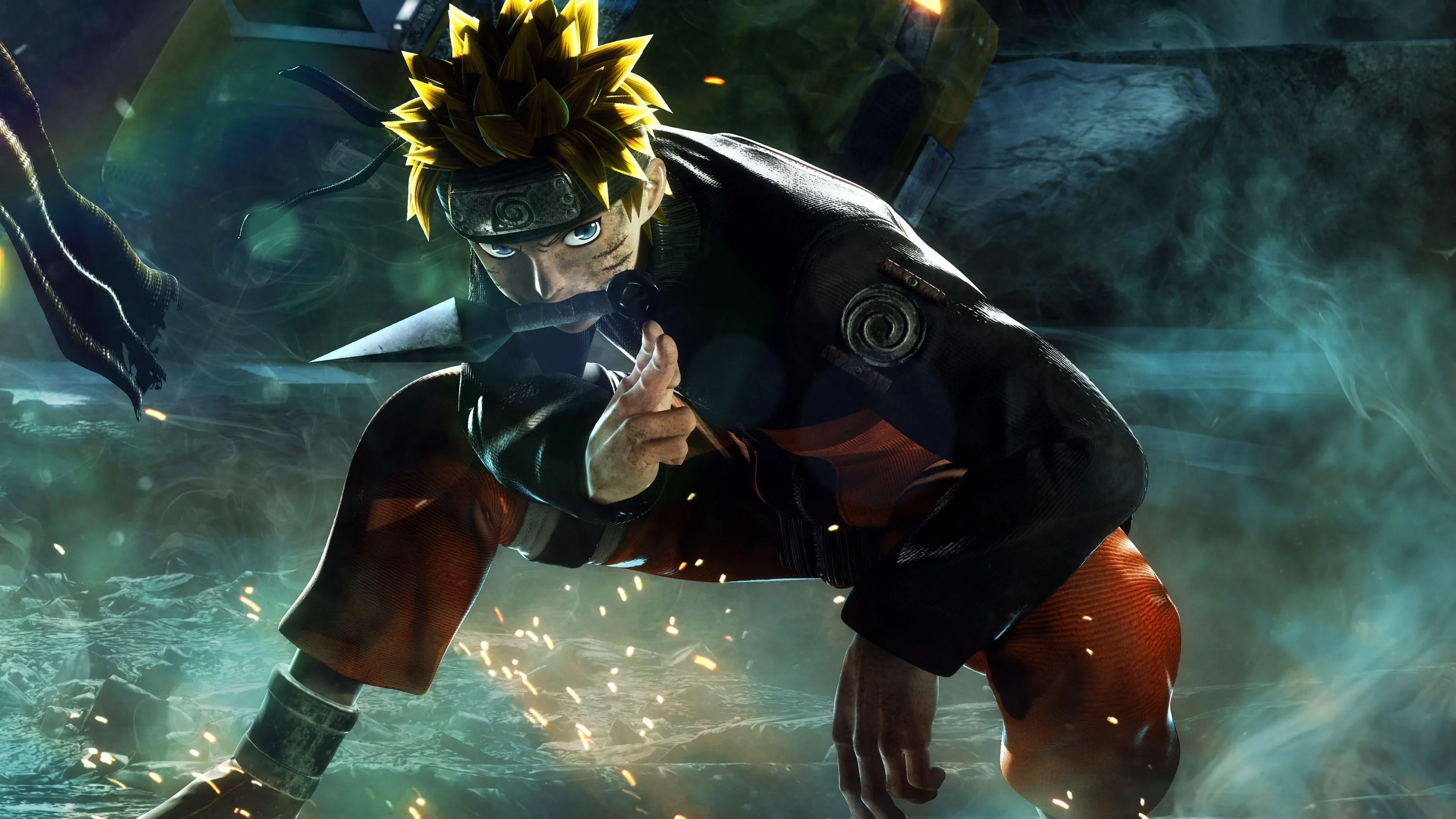 A realistic CGI Naruto crouches low with one hand to the ground, sparks skimming past his headband in a dark game-render battle scene.