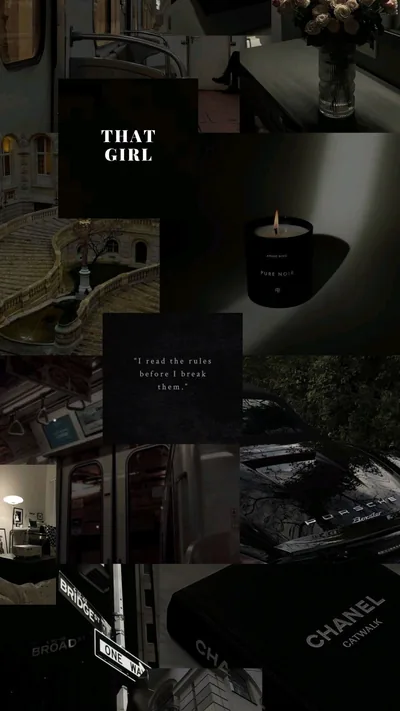 Photos of a black candle, flowers and designer shopping bags tile together in near-black tones, the caption that girl set in white serif near the top.