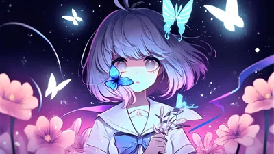 A bob-haired girl in a sailor uniform holds a sprig of flowers at night, glowing cyan butterflies lighting her face from below like small lamps.