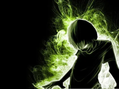A boy bows his head with glowing eyes, green fractal energy flaring around his outline while the left third stays deep black.