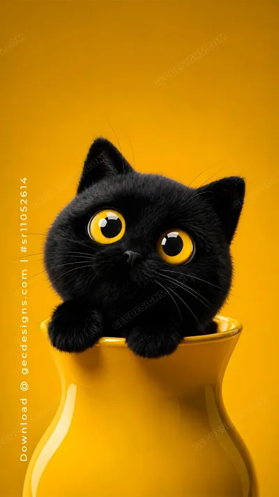 A round-eyed black kitten pokes its head over the rim of a yellow mug set against a matching yellow backdrop.