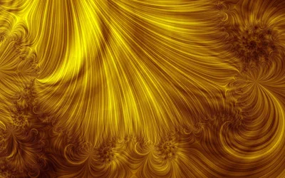 Silky golden strands fan downward like combed fibre, curling into tight spirals in the corners of this fractal render.