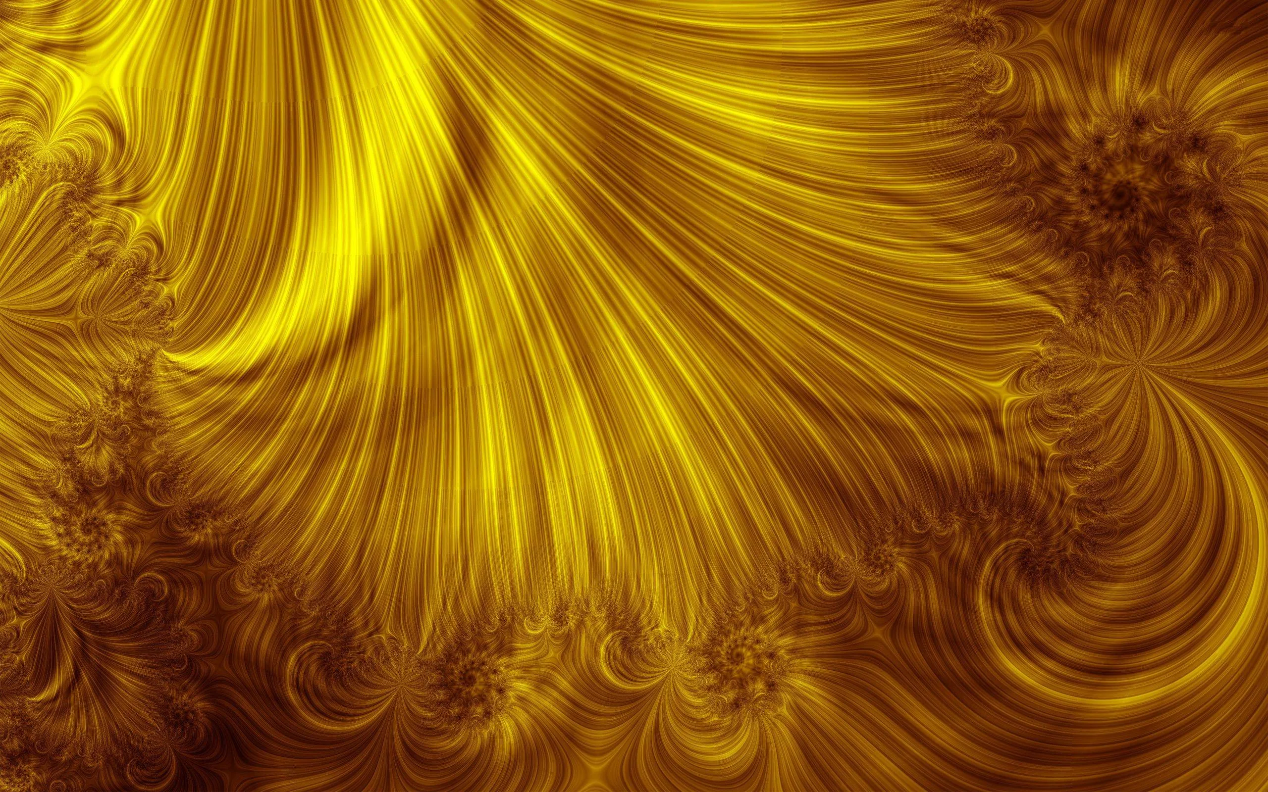 Silky golden strands fan downward like combed fibre, curling into tight spirals in the corners of this fractal render.