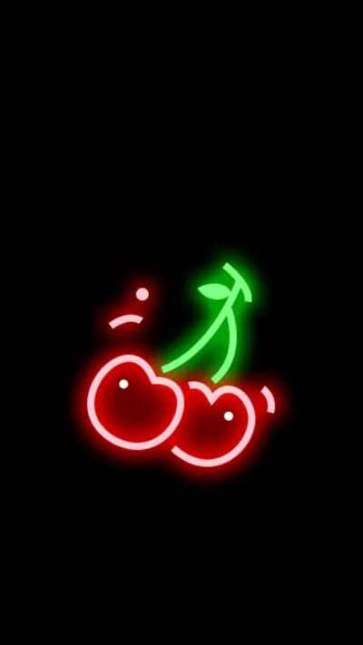 Two red neon cherries with a green stem glow near the top of a tall black frame, the lower half left empty for phone icons.