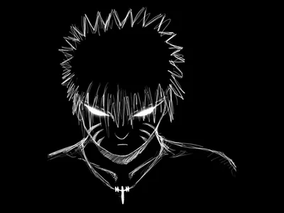 A spiky-haired face drawn in thin white chalk lines on solid black, only the eyes and headband marks filled in.