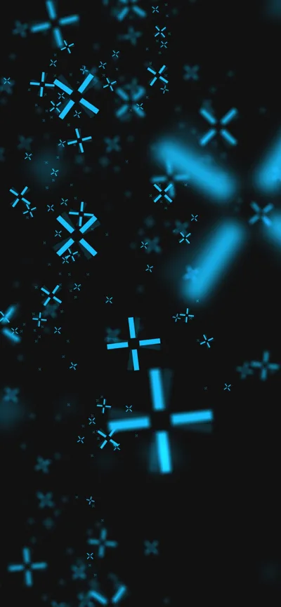 Small cyan cross shapes drift across a black field, a few blurred out of focus so the pattern reads as depth rather than a flat grid.