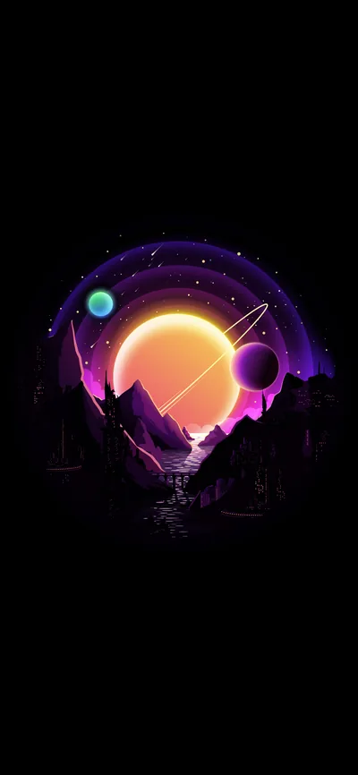 A glowing orange sun sits inside a ring of purple mountains and small planets, retro synthwave art surrounded by flat black.