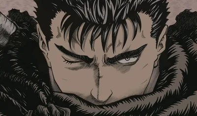 Berserk's Guts glares out from under heavy brows in a fur mantle, the anime frame washed in muted sepia and near-black shadow.