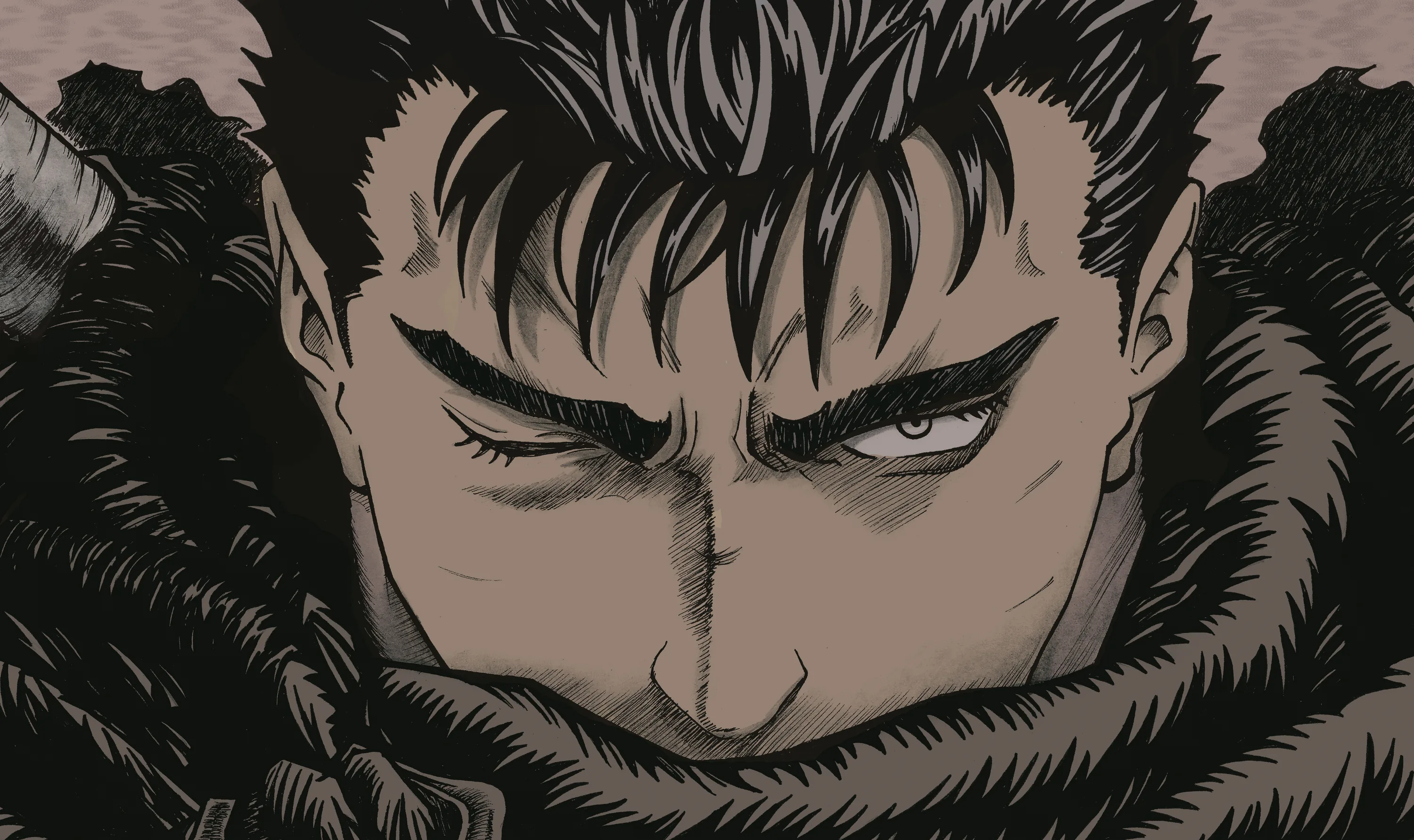 Berserk's Guts glares out from under heavy brows in a fur mantle, the anime frame washed in muted sepia and near-black shadow.