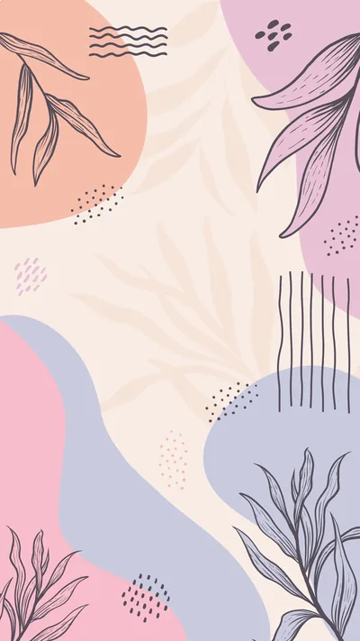Hand-drawn leaves, dashes, and dots scatter over soft pink and lilac blobs, the palette light enough that dark text and icons read everywhere.