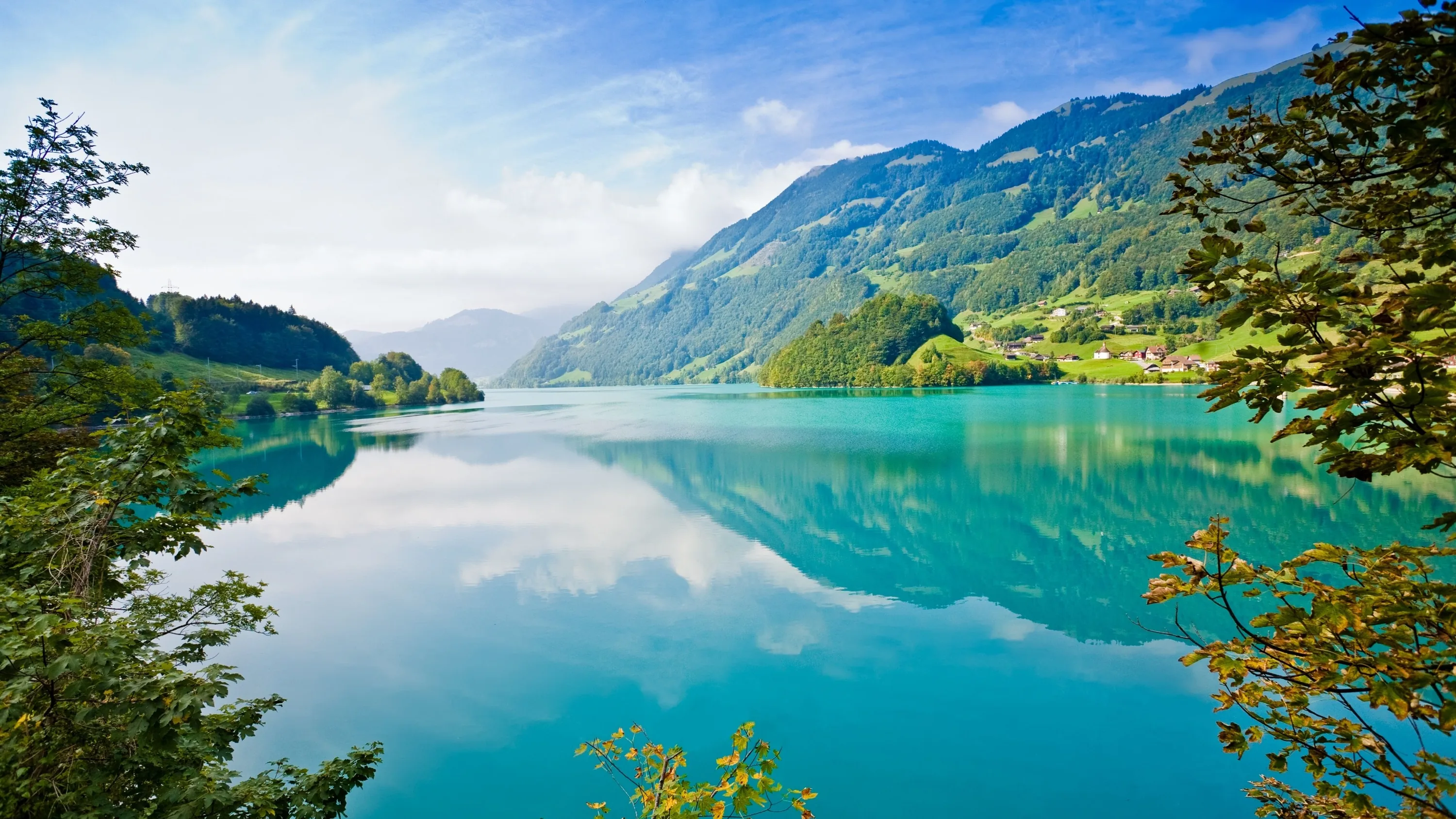 Soft light from the left evens out this milky green lake, whose smooth middle band carries icons cleanly between the dark foliage at the corners.