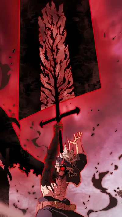 Seen from behind, Asta lifts his enormous black sword straight up into a pink-red haze, the tall frame leaving the blade to fill the top half.