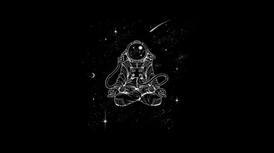 A line-drawn astronaut sits cross-legged in space, stars and a comet scattered around the black.