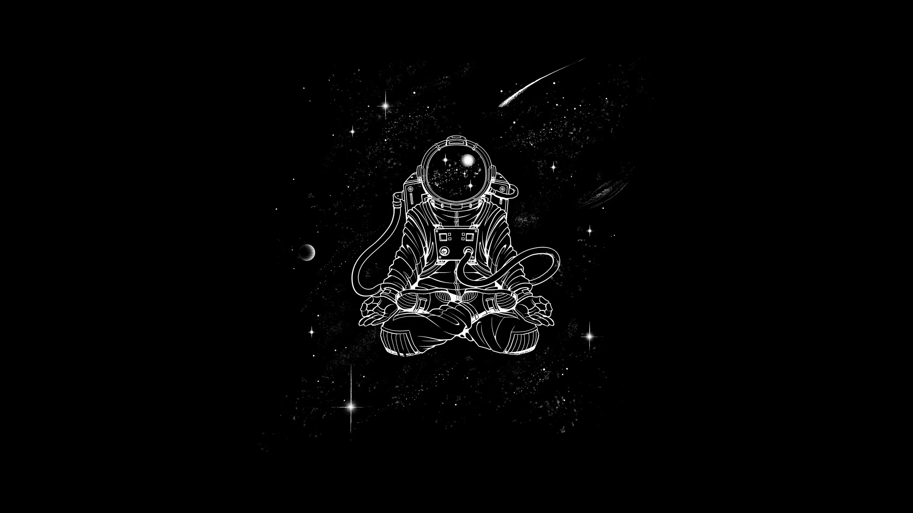 A line-drawn astronaut sits cross-legged in space, stars and a comet scattered around the black.