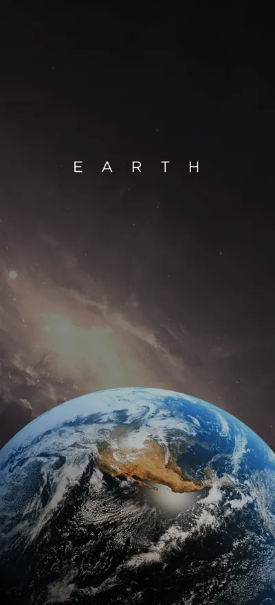 The word EARTH in thin spaced lettering sits in the upper third, a faint galaxy behind and the planet's curve anchoring the bottom of the screen.