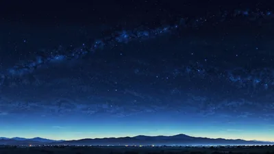 Digital-art night scene: a faint star band crosses a deep blue sky while a thin string of lights marks the horizon below layered hills.