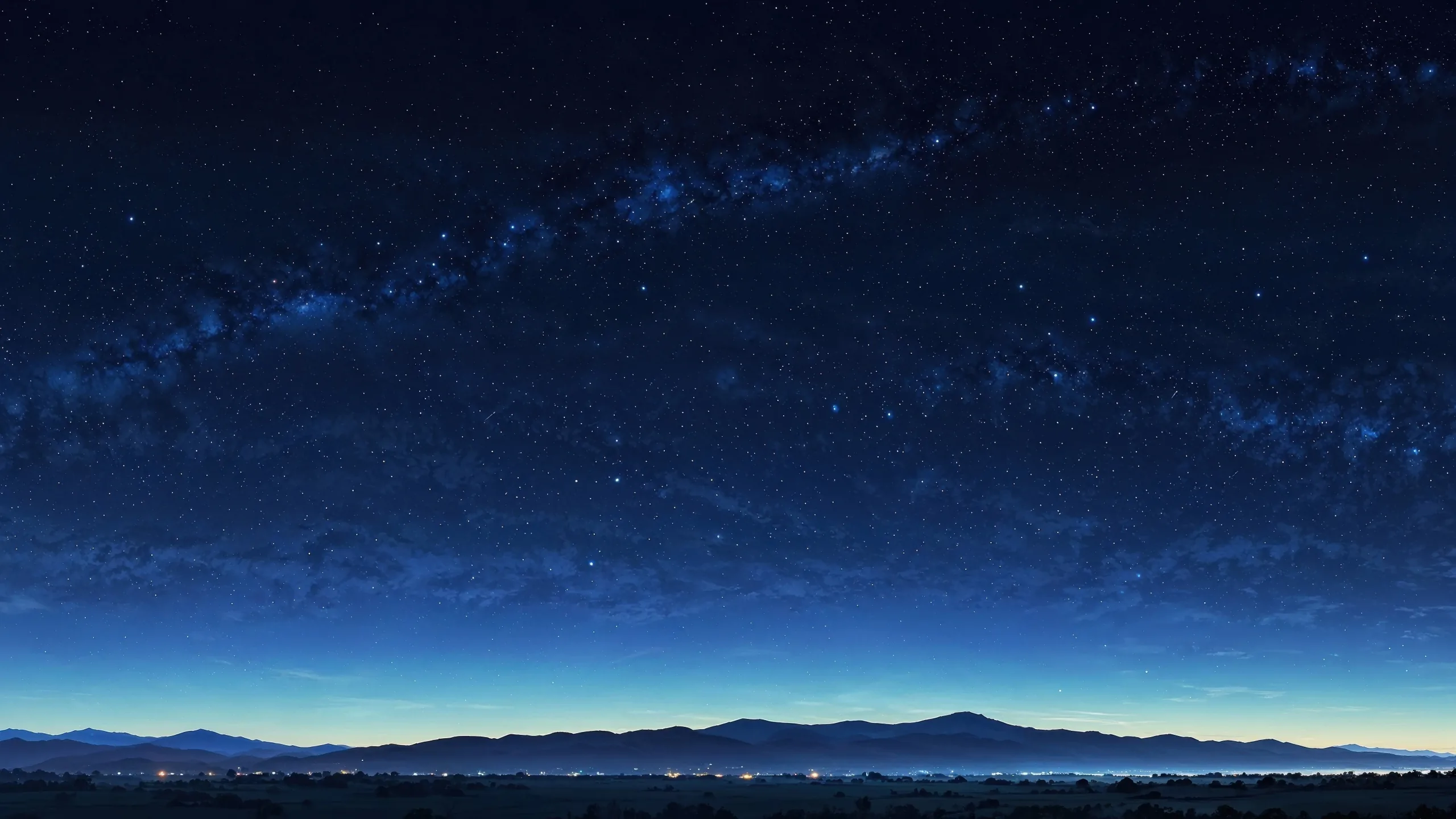Digital-art night scene: a faint star band crosses a deep blue sky while a thin string of lights marks the horizon below layered hills.