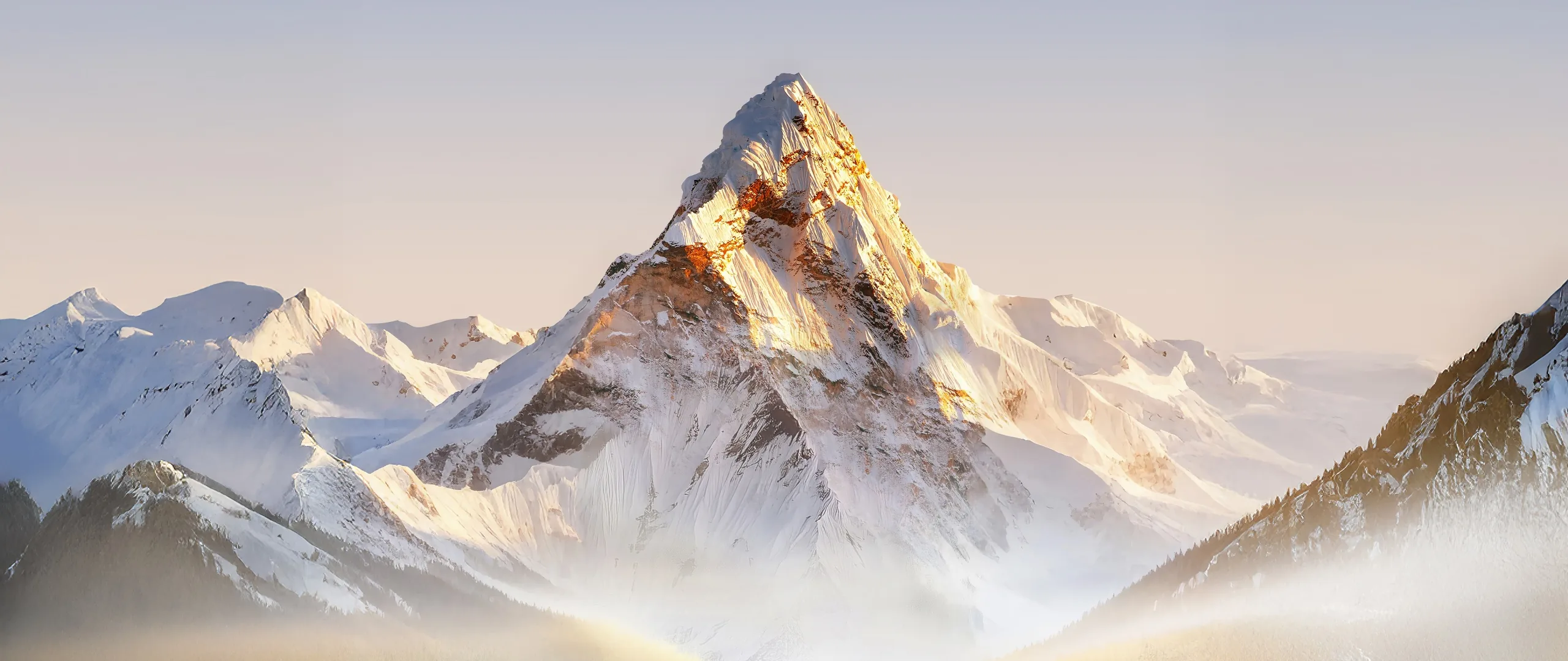 An ultrawide render of a pale mountain lit from the right, its lower slopes dissolving into cream-coloured mist on both sides.