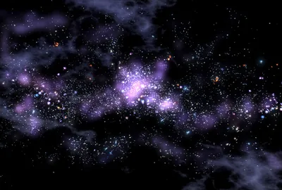 Clumps of violet stars show through gaps in heavy dark dust, the clouds closing in from the top and bottom of the frame.
