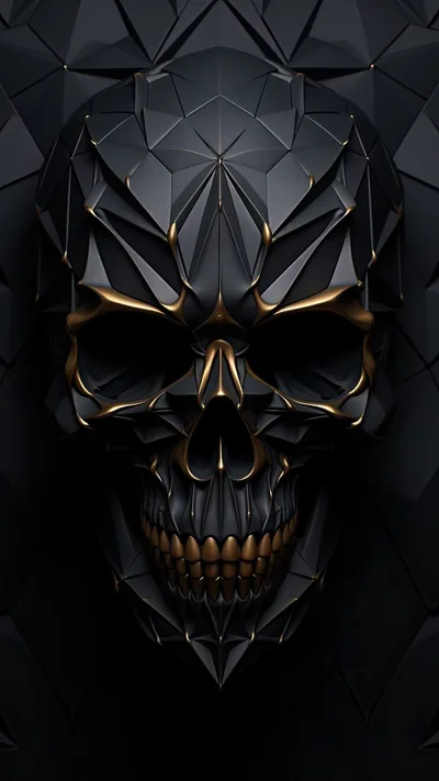 A skull built from sharp black facets fills a tall phone frame, thin gold lines running along the cheekbones and teeth where the panels meet.