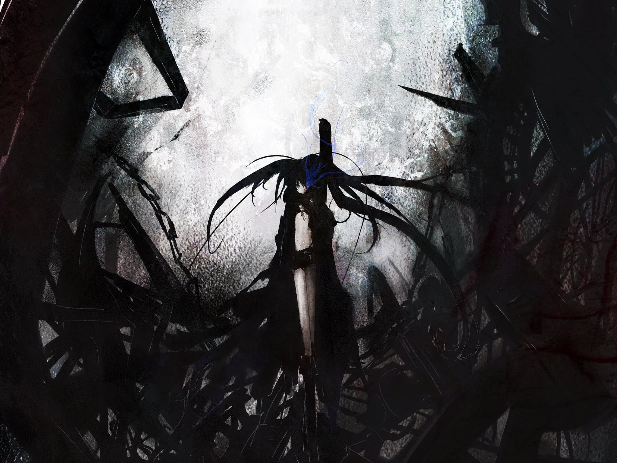 Long twin tails and a blue flame eye, she stands with a cannon-arm inside a tangle of black thorns and shattered plates lit by a white moon.