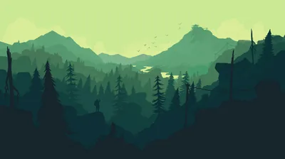 Pine ridges step back in flat shades of green toward a rocky peak, birds circling over the valley and a lone figure on the right outcrop.
