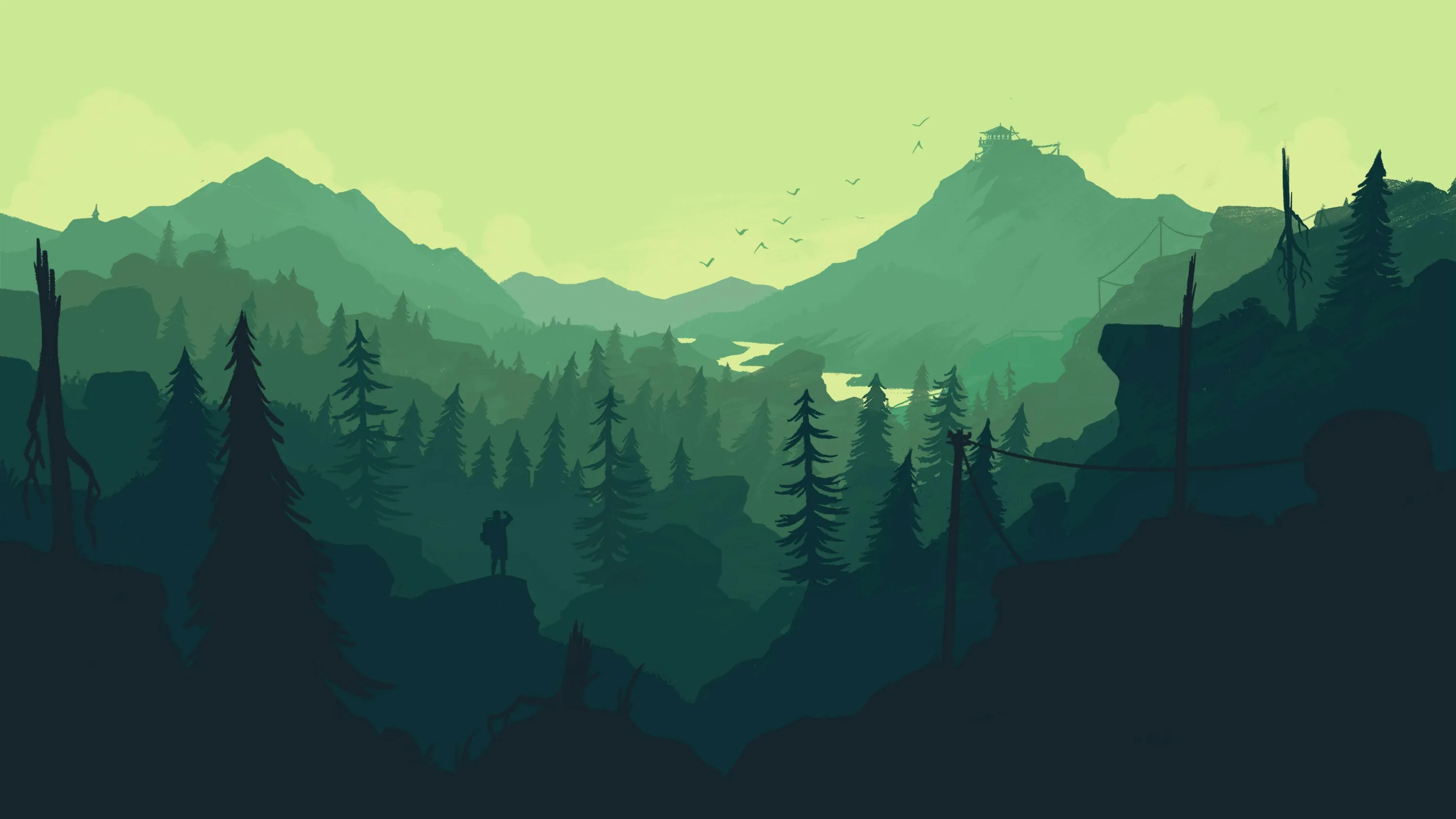 Pine ridges step back in flat shades of green toward a rocky peak, birds circling over the valley and a lone figure on the right outcrop.