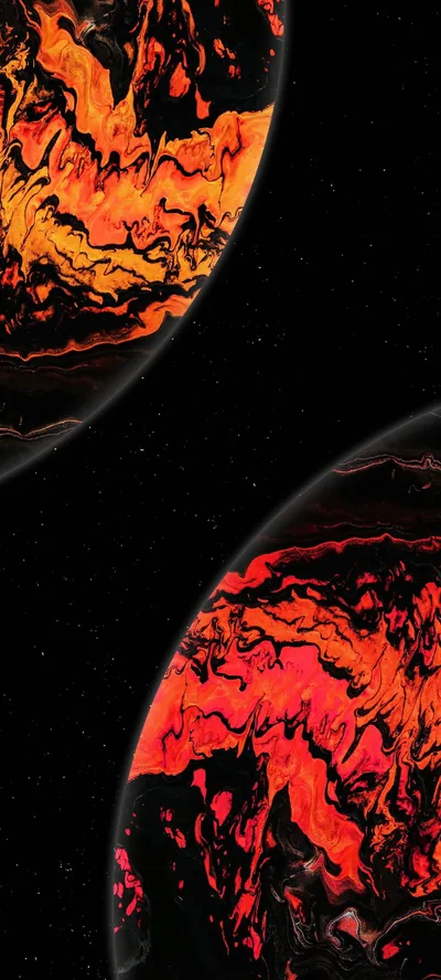 Molten orange and red channels crack across two dark spheres, one cropped at the top corner and the other filling the lower half.