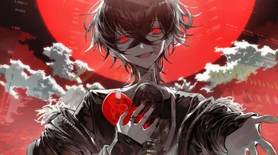 A dark-haired boy with glowing red eyes presses an apple to his chest and reaches toward the viewer, grey clouds rolling beneath a giant crimson sun.