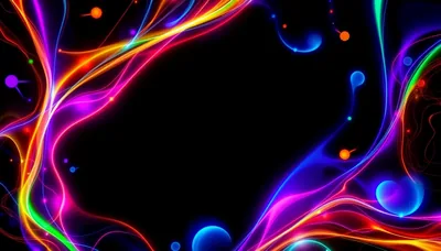 Pink, orange and blue plasma streams with floating droplets ring the edges of the frame, leaving the entire centre flat black for app icons or a clock.