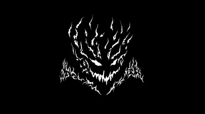 A snarling face drawn in ragged white strokes floats on solid black, the whole lower half of the frame left empty.